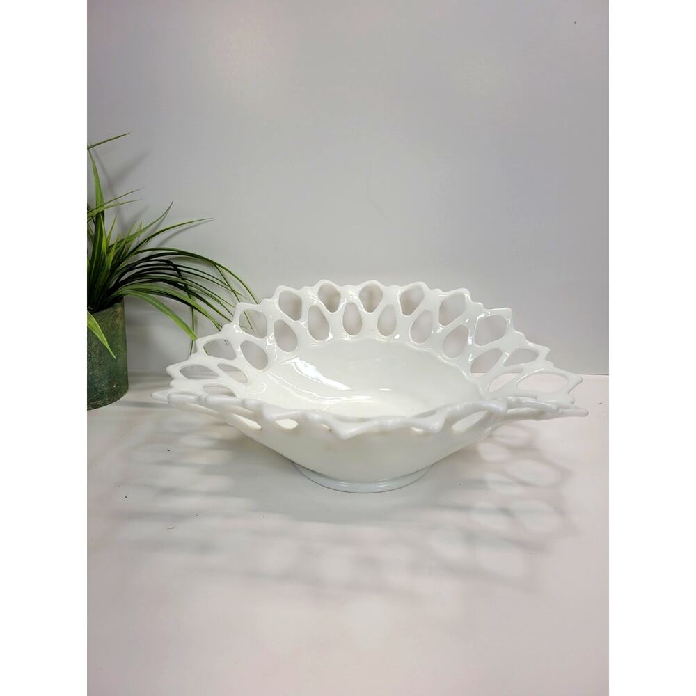 Vintage Westmoreland Doric Milk Glass Bowl Oval Open Lace Lattice Edge Fruit